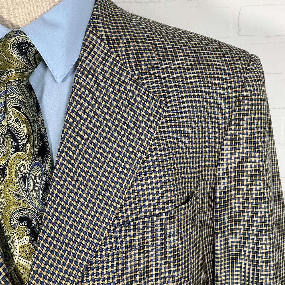 Michaels Blazer Men 46R Blue Yellow Houndstooth‎ Check Bespoke Suit Jacket